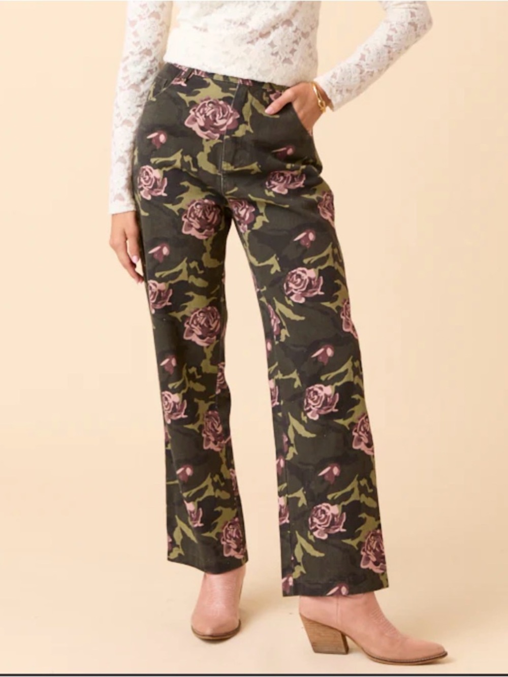 NWOT Camo Wide-Leg Pants with Pink Rose Print